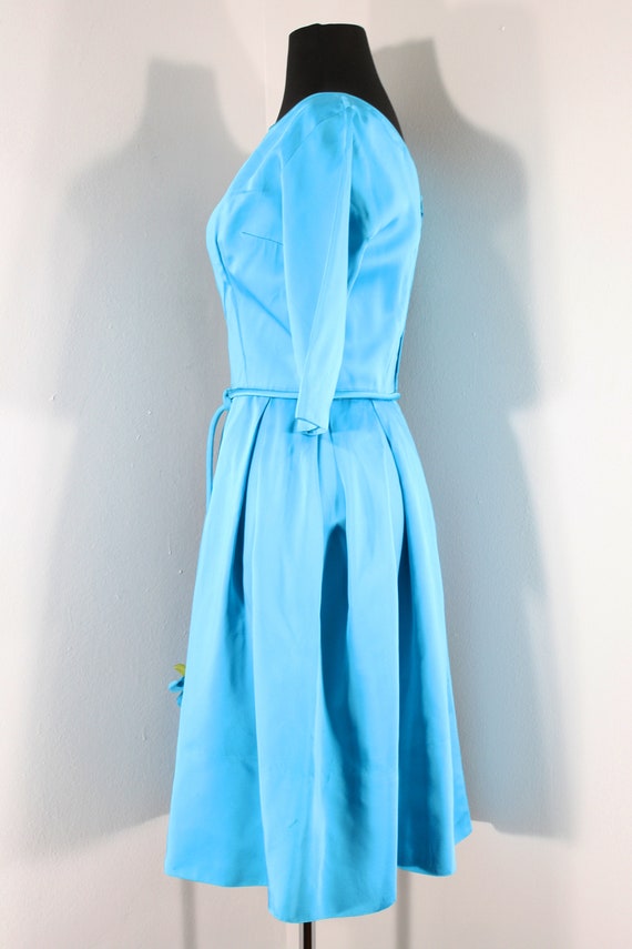 1960s Turquoise Satin Cocktail Dress, Small to Me… - image 6