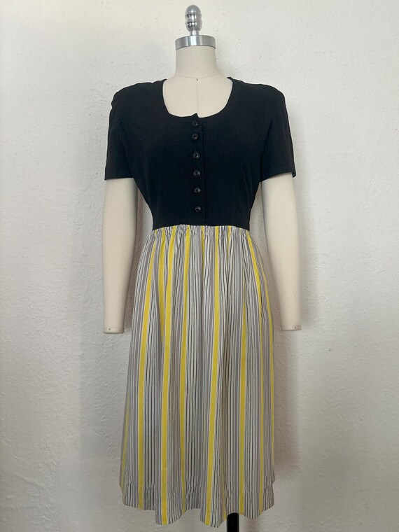 1940s Black Rayon Dress with Striped Skirt by Lyn… - image 2