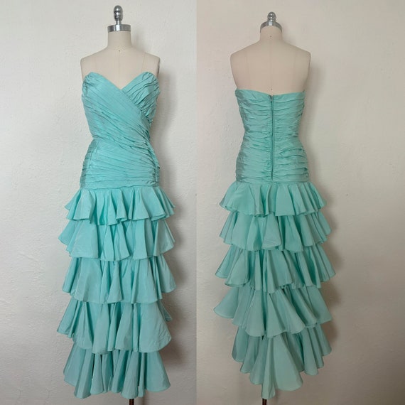 1980s Aqua Ruffled Strapless Evening Dress by Lil… - image 1