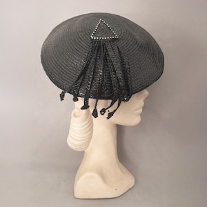 1960s Black Glossy Straw Beret, by Jack McConnell | 60s Vintage Black Hat with Straw Fringe and Rhinestone Embellishment