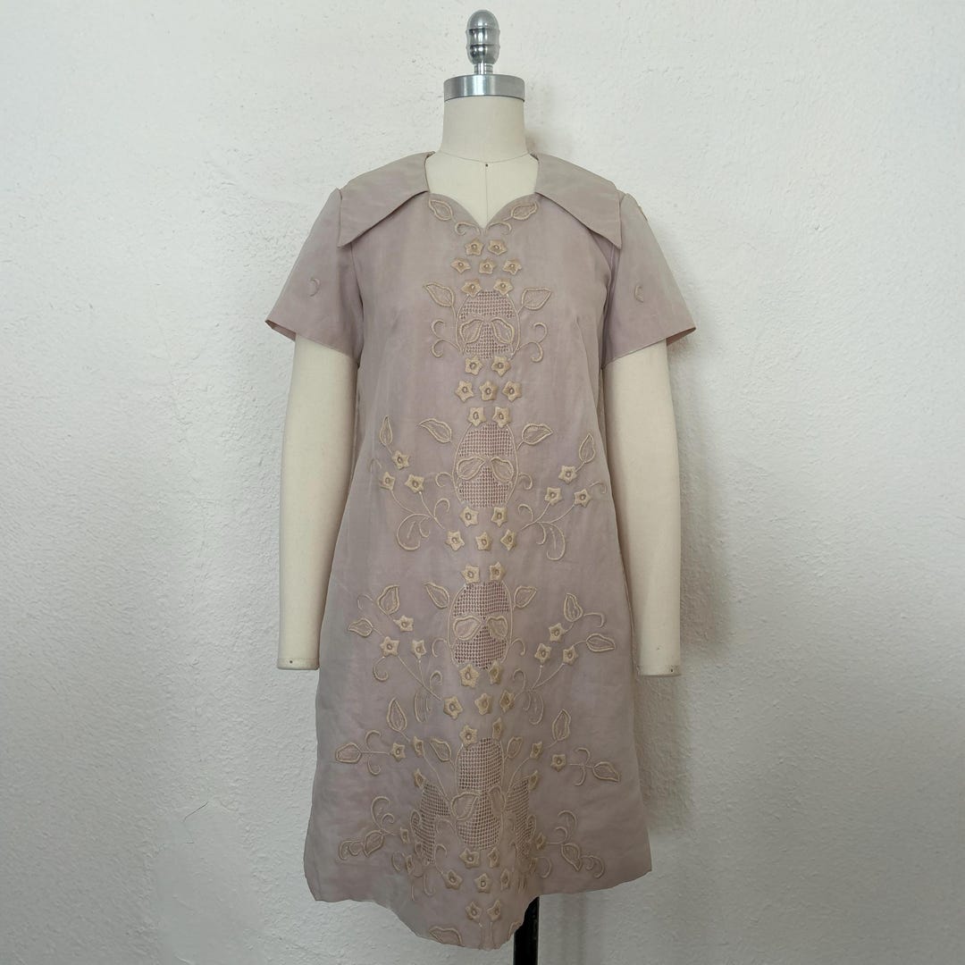green emerald velvet dress Vintage 60s Embroidered Shift Dress in Light Blue on Brown