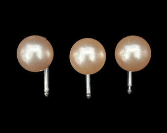 1950s Extra Large Silver Tone and Faux Pearl Shirt Studs Set | 50s Vintage Set of Three (3) Round Cream and Silver Studs