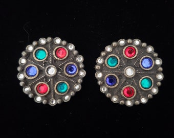 1960s Round Green, Red, and Blue Rhinestone Studded Shoe Clips | 60s Vintage Circular Pewter Shoe Clips