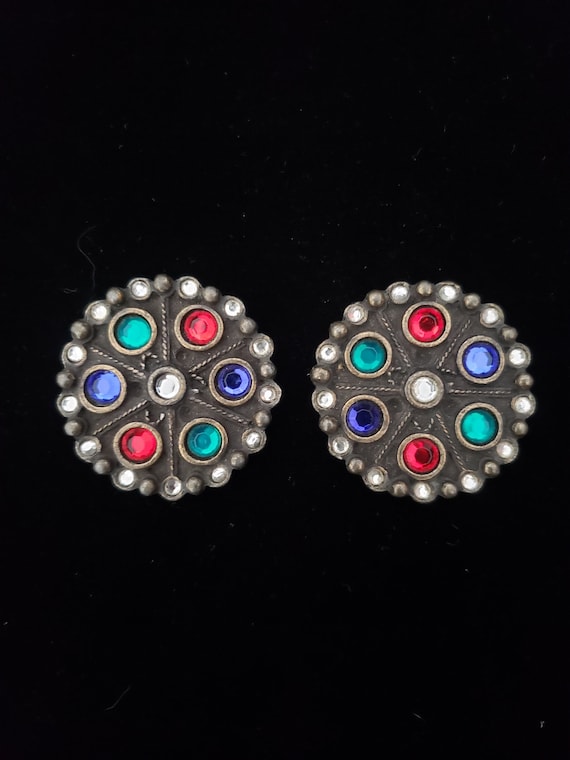 1960s Round Green, Red, and Blue Rhinestone Studde