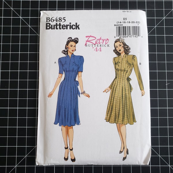 6485 Butterick 1940s Dress Pattern Reissue, Sizes 14-16-18-20-22 | 40s Vintage Princess Darted Dress w/ Tie Back. Short or Long Sleeves