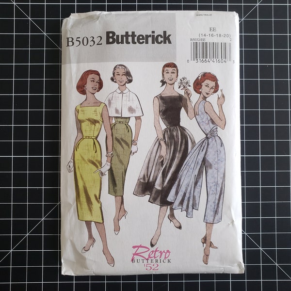 5032 Butterick 1950s Dress Pattern Reissue, Sizes 14-16-18-20 | 50s Vintage Pencil Dress w/ Overskirt, Cummerbund, and Capelet Pattern