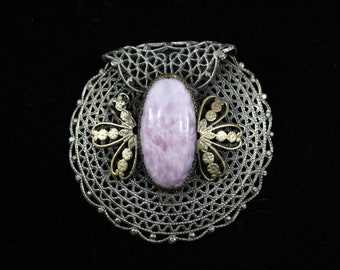 1920s Round Silver and Gold Tone Filigree Dress Clip | 20s Vintage Large Mottled Purple and White Glass Oval Cabochon Fur Clip
