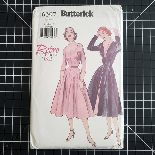 1950s Butterick Dress Pattern Reissue 6307, Sizes 12-14-16 | 50s Vintage Square Neck, 3/4 Sleeve Day Dress w/ Long Coat Circa 1952