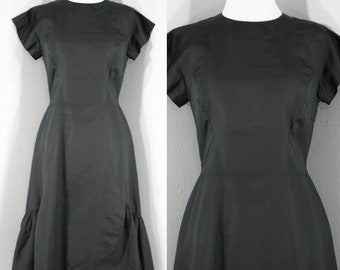 1960s Black Silk Ruffled Dress, Extra Small to Small | 60s Vintage Crew Neck Silk Dress (XS, S, 35-26.5-39)