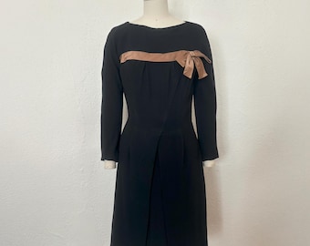 1950s Long Sleeve Black Crepe Dress w/ Brown Silk Bow, Small to Medium | 50s Vintage Pleated Front Dress (S, M, 39.5-28-40)