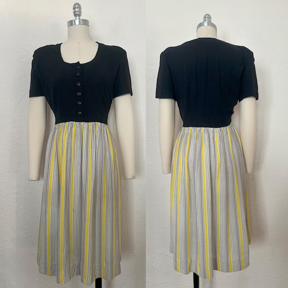 1940s Black Rayon Dress with Striped Skirt by Lyn… - image 1