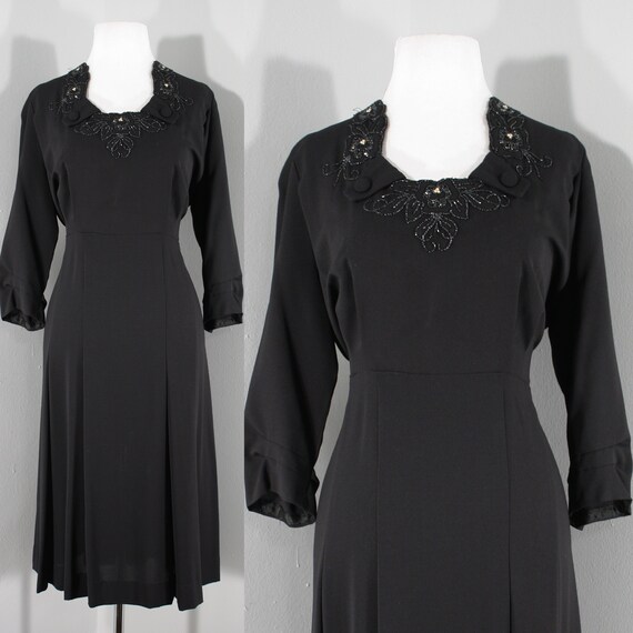 VOLUP 1940s Black Beaded Rayon Dress, Medium to La