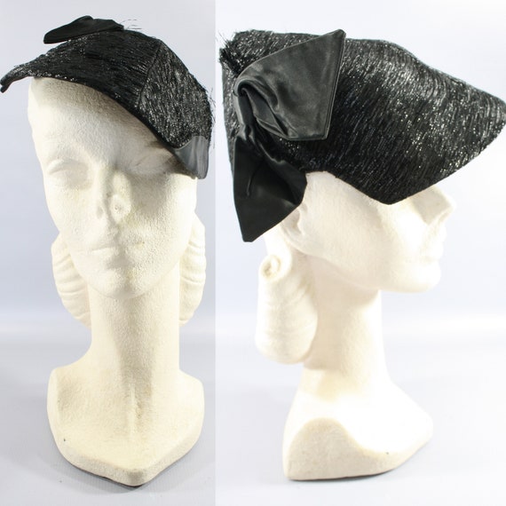 1930s Black Lurex and Satin Hat | 30s Vintage Cap - image 1