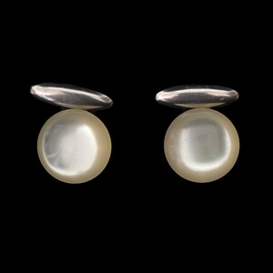 1950s White Moonglow Plastic Cuff Links | 50s Vintage Round Button Chain Link Cufflinks
