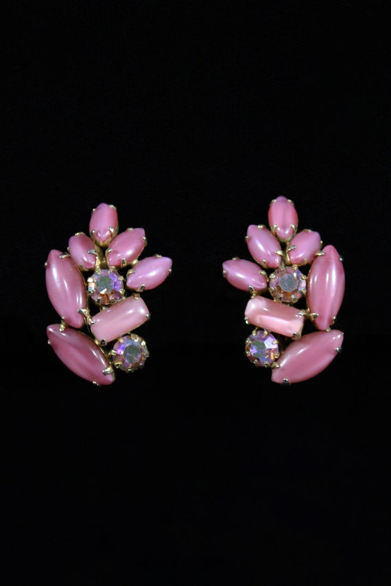 1950s Pink Cabochon and Iridescent Rhinestone Ear… - image 1