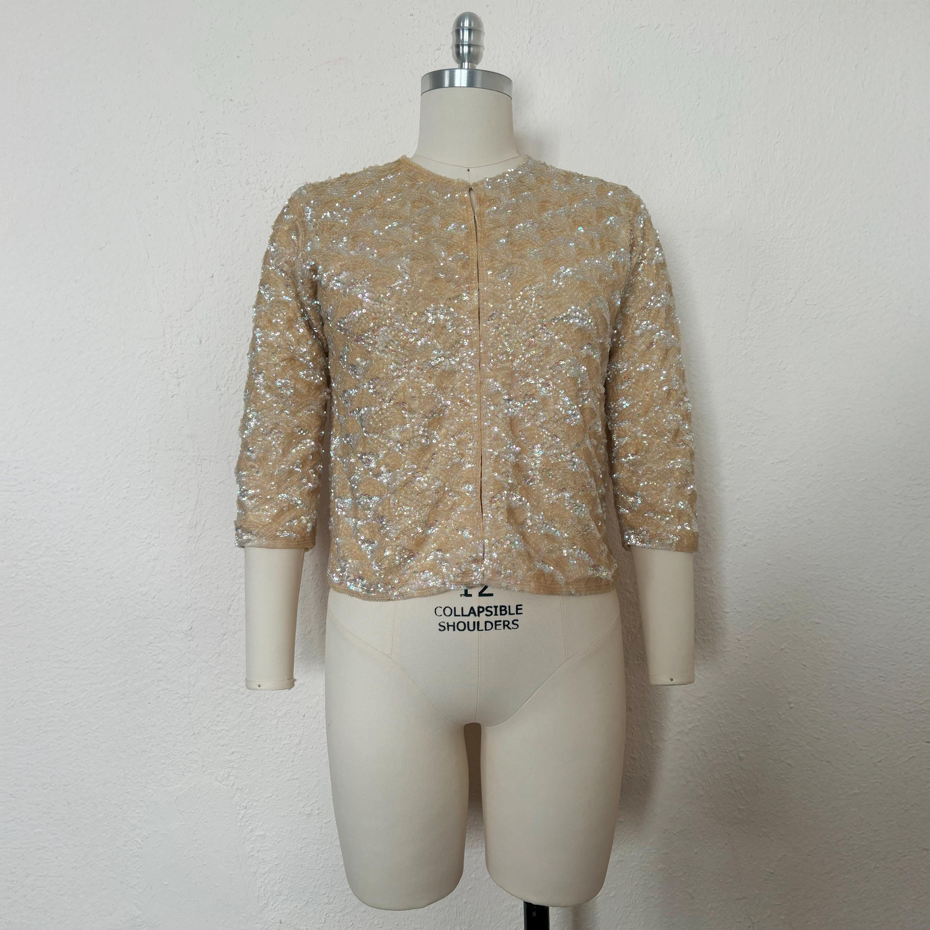 1950s Cream Iridescent Scale Sequin Cardigan, Made in Hong Kong, Medium to Large | 50s Vintage Ivory Wool Embellished Sweater (M, L, 41-40)