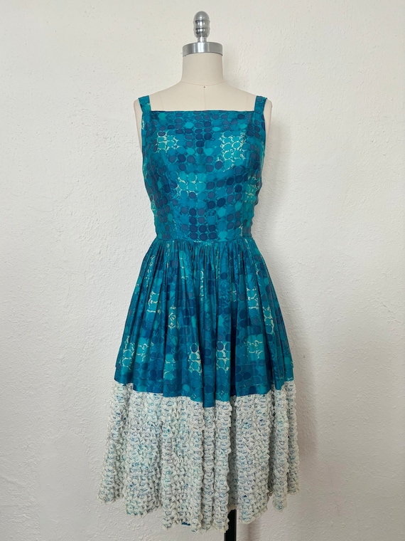 1950s Blue Cotton Watercolor Circles Print Dress … - image 2