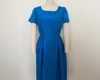 1960s Turquoise Brocade Cocktail Dress, Medium to Large | 60s Vintage Blue Floral Dress (M, L, 40-29-56)