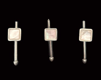 1950s Silver Tone and Mother of Pearl Shirt Studs Set, by Swank | 50s Vintage Set of Three (3) Square White and Silver Studs