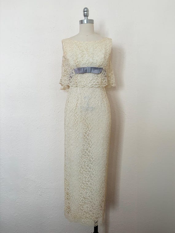 1960s Cream Lace Evening Dress, Extra Extra Small to Extra Small | 60s Vintage Gown w/ Blue Satin Bow (XXS, XS, 34-25-36) 1960s Cream Lace Evening Dress, Extra Extra Small to Extra Small | 60s Vintage Gown w/ Blue Satin Bow (XXS, XS, 34-25-36)