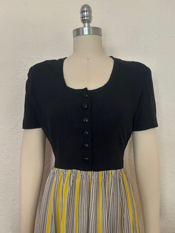 1940s Black Rayon Dress with Striped Skirt by Lyn… - image 3