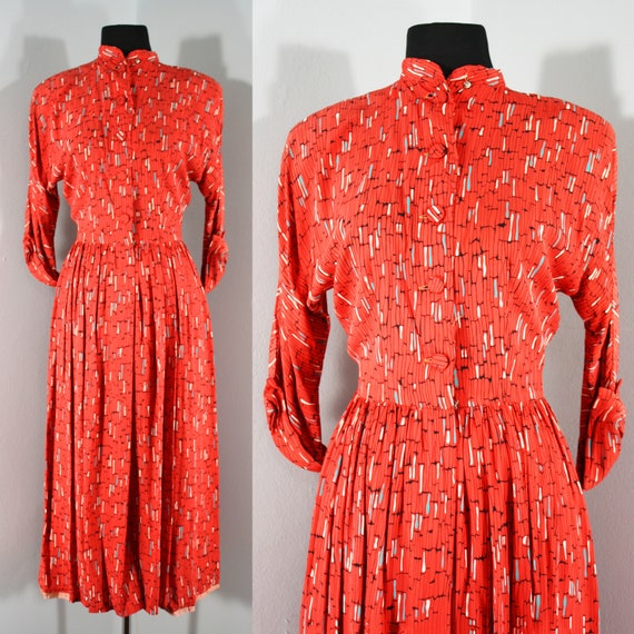 1940s Red Rayon Abstract Print Dress, Small to Me… - image 1