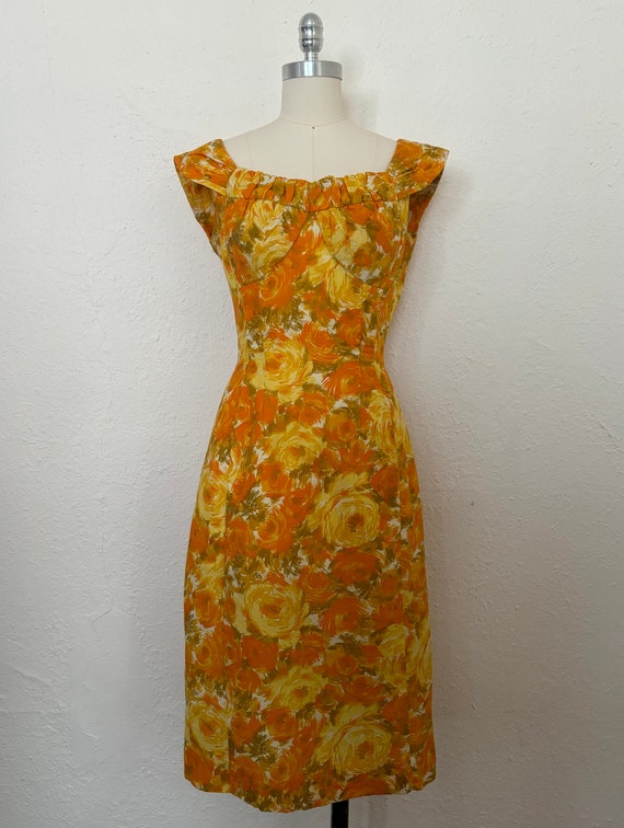 1950s Autumnal Floral Wiggle Dress by Alix of Miami, Extra Small to Small |  50s Vintage Mustard and Orange Dress (XS, S, 36-25.5-35.75) - Etsy