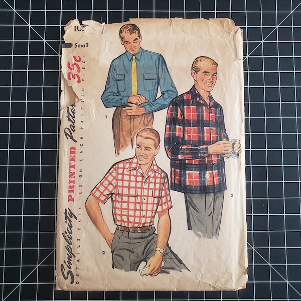 1950s Simplicity Men's Button Down Shirt Pattern 1025, Size Small | 50s Mens Camp Shirt Pattern, Chest 34 to 36, Copyright 19