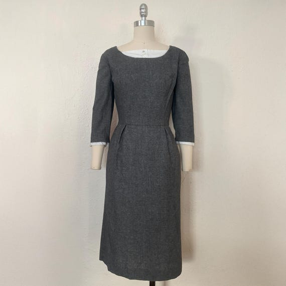 grey wool sheath dress 1950s Gray Wool Sheath Dress by Joan Miller, Small to Medium