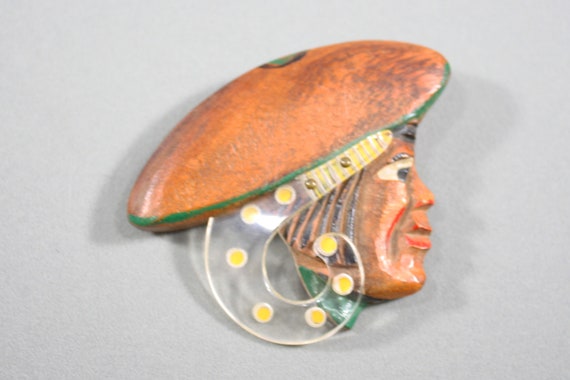 1940s Wood Head Brooch | 40s Vintage Carved Wood a