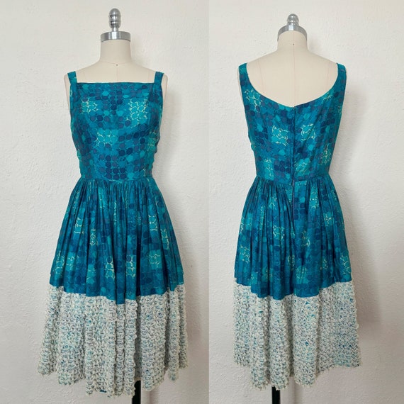 1950s Blue Cotton Watercolor Circles Print Dress … - image 1