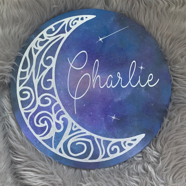 Galaxy/Moon around BabyName sign/Painted Wood sign