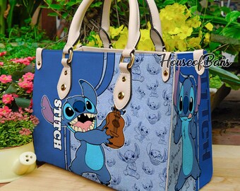 Cute Stitch Leather Handbag, Disney Lilo and Stitch Vintage Leather Shoulder Bag, Top handle Bag, Vintage Shoulder Bag, Custom Crossbody Bag