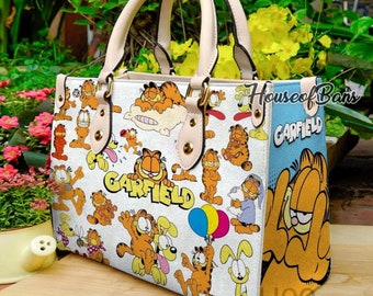 Garfield Cat Leather Handbag, Garfield Cat Vintage Leather Shoulder Bags, Vintage Top handle Bag, Vintage Shoulder Bag, Custom Crossbody Bag