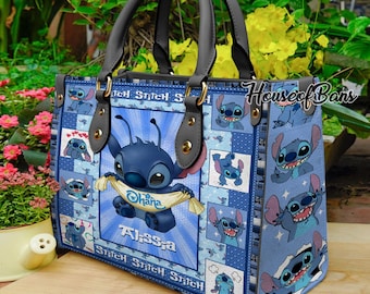 Cute Stitch Leather Handbag, Disney Lilo and Stitch Vintage Leather Shoulder Bag, Top handle Bag, Vintage Shoulder Bag, Custom Crossbody Bag