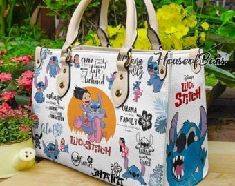 Cute Stitch Leather Handbag, Disney Lilo and Stitch Vintage Leather Shoulder Bag, Top handle Bag, Vintage Shoulder Bag, Custom Crossbody Bag