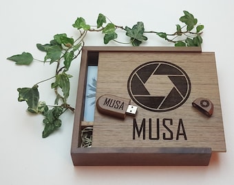 Wooden 6x4 Photo Print Box with USB pen drive - Laser Engraved - Walnut