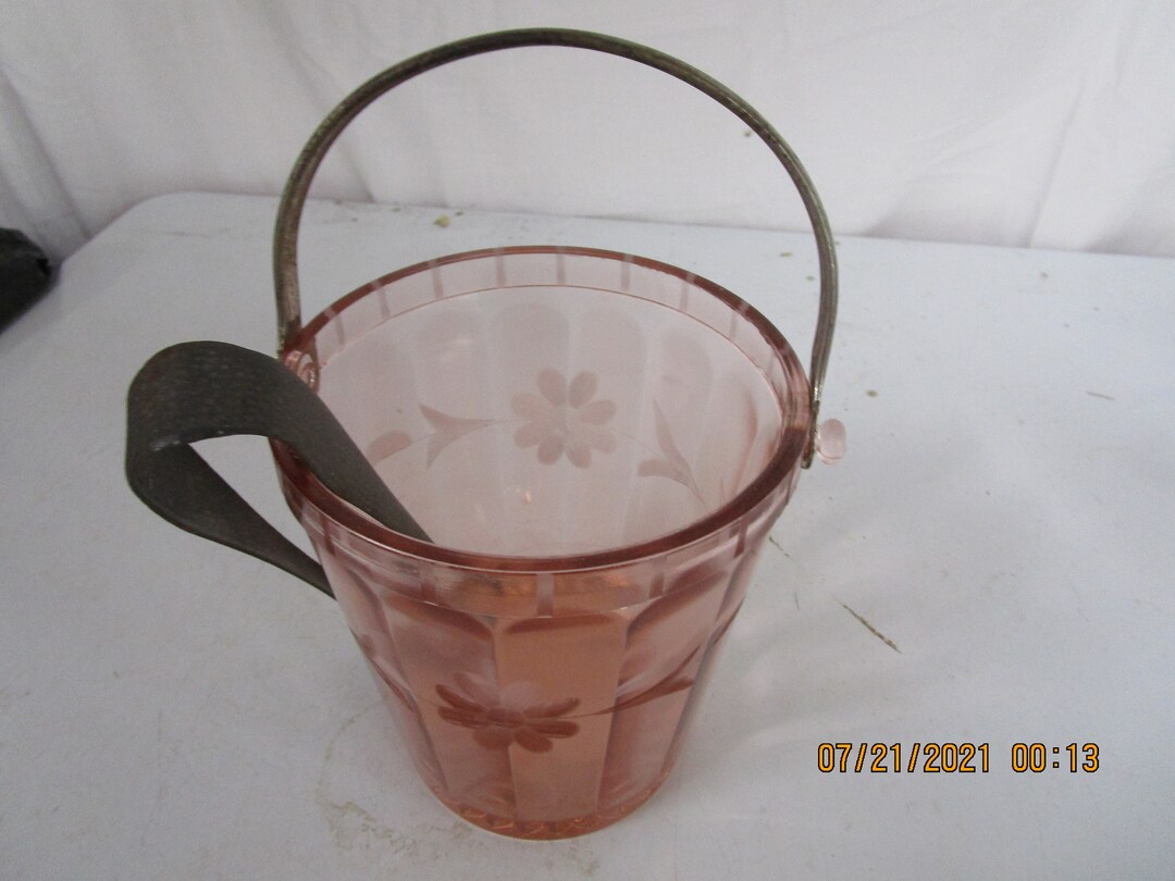 Antique Pink Depression Glass Ice Bucket With Metal Tongs Etsy