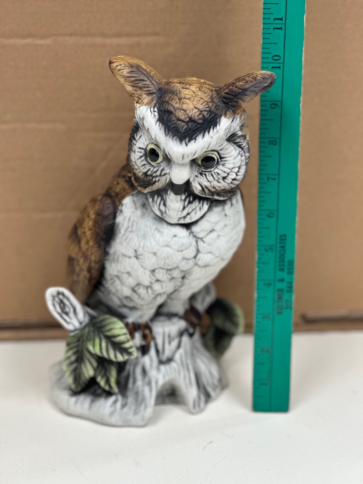 Vintage Large Flambro Porcelain Great Horned Owl Musical Figurine