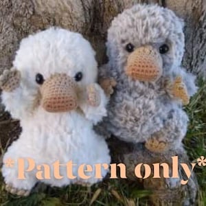 Puede incluir: Dos animales de peluche tejidos a crochet que se asemejan a un ornitorrinco, uno blanco y otro gris, sentados en un lecho de hierba verde. El texto "*Pattern only*" está superpuesto a la imagen.