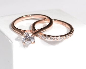 18k solid Gold Rings 2PCS set/ natural Diamond wedding Ring/ Engagement Rings/ promise Ring/ Bridal set Rings/ Anniversary Ring
