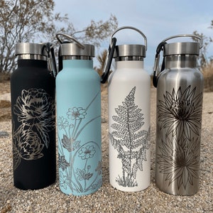 Floral Engraved Steel Water Bottles, Custom Reusable Water Bottle, Floral Water Bottle, Personalized Floral Stainless Steel Insulated Bottle