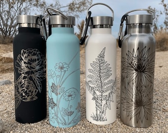 Floral Engraved Steel Water Bottles, Custom Reusable Water Bottle, Floral Water Bottle, Personalized Floral Stainless Steel Insulated Bottle