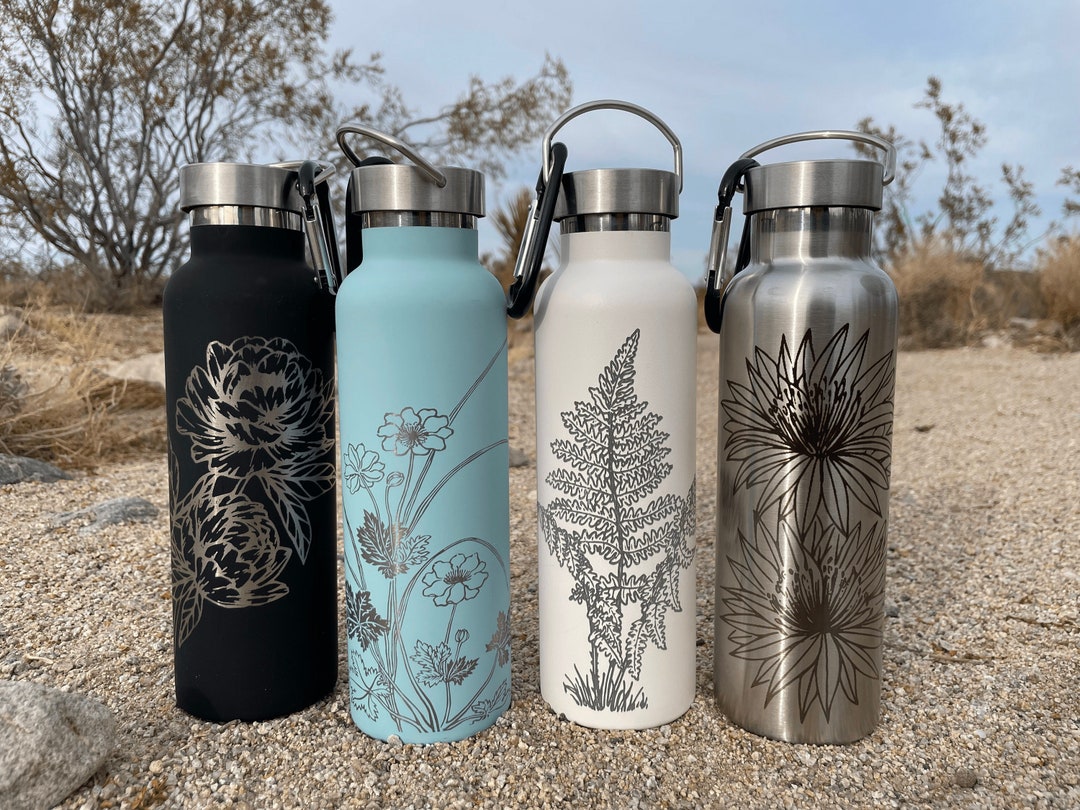 Floral Engraved Steel Water Bottles, Custom Reusable Water Bottle