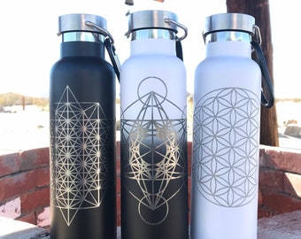 Sacred Geometry Engraved Stainless Steel Water Bottles, Reusable, Custom, EcoFriendly, Zero Waste 20fl oz