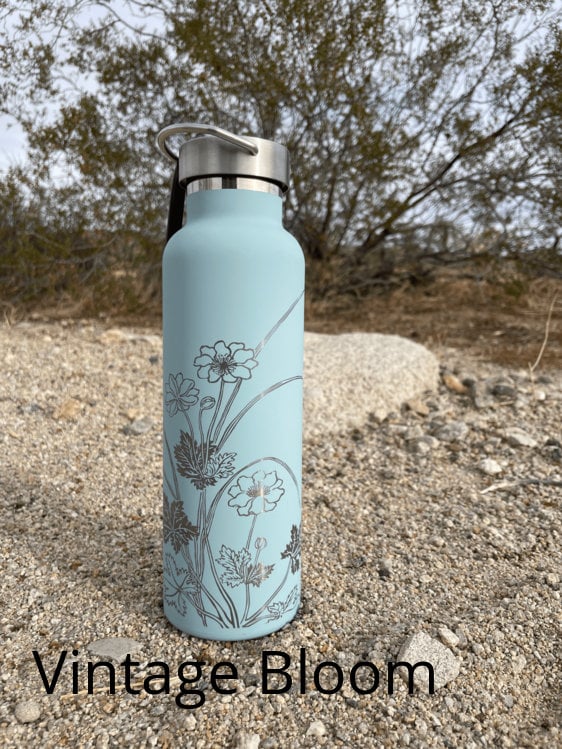 Floral Engraved Steel Water Bottles, Custom Reusable Water Bottle