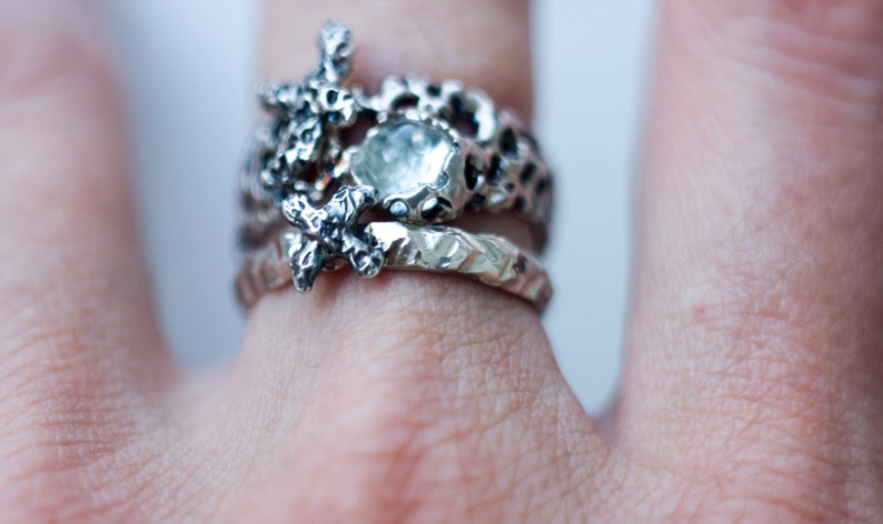 Handmade Silver Ring Set Women Jewelry Unique Gift for Her Floral Design Sterling Silver Topaz Rings Set Towards the Cold Sun