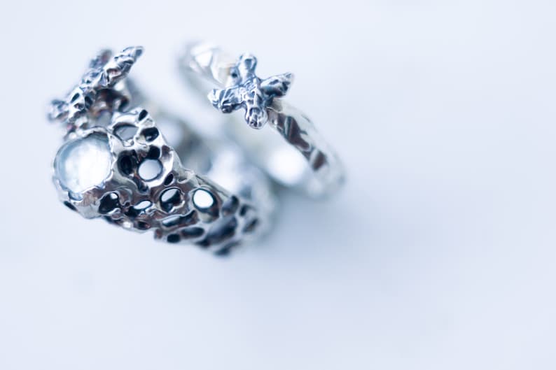 Handmade Silver Ring Set Women Jewelry Unique Gift for Her Floral Design Sterling Silver Topaz Rings Set Towards the Cold Sun