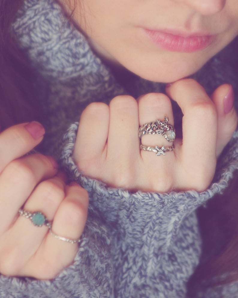 Handmade Silver Ring Set Women Jewelry Unique Gift for Her Floral Design Sterling Silver Topaz Rings Set Towards the Cold Sun