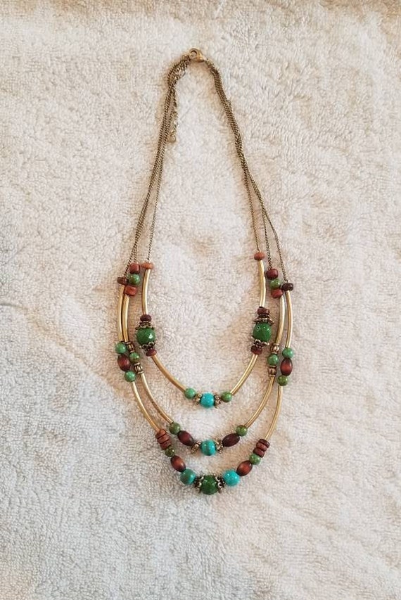 Vintage necklace, 3 strands, wood , brass and glas